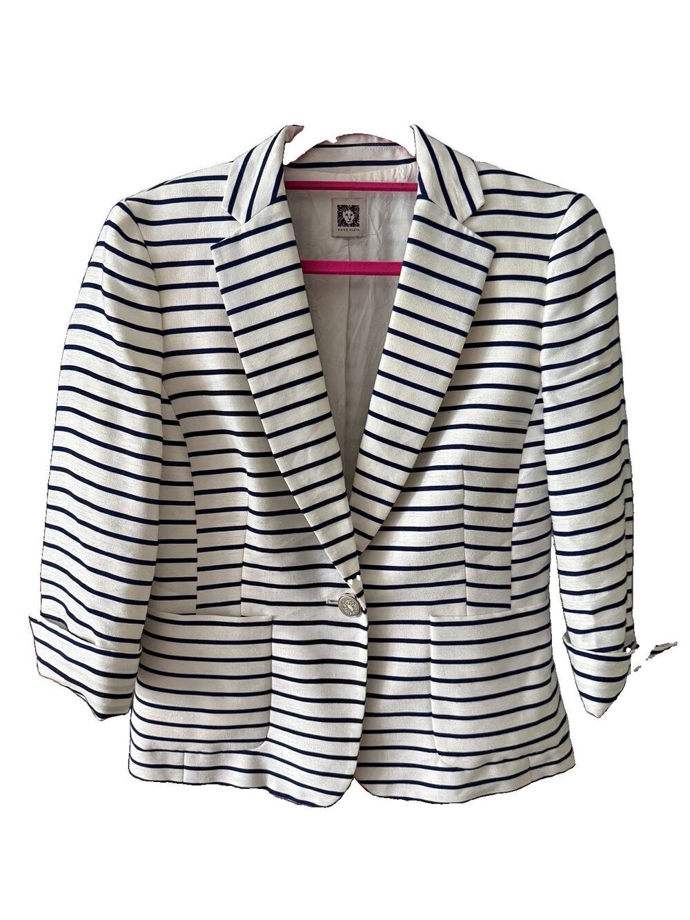 Vintage Anne Klein Ivory Navy Striped Blazer Nautical Preppy Jacket Women’s Sz M